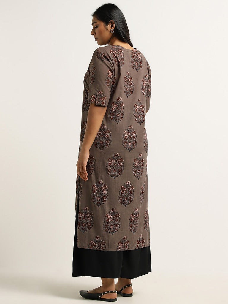 Diza Brown Floral Printed Cotton Kurta