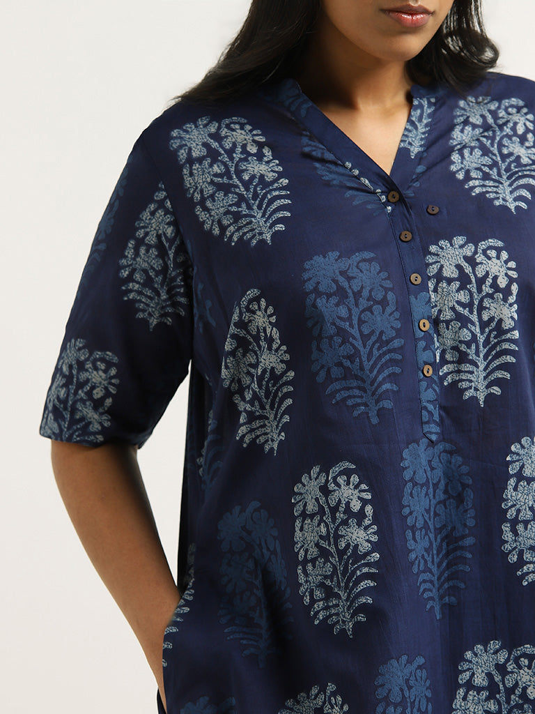 Diza Indigo Floral Printed Cotton Kurta