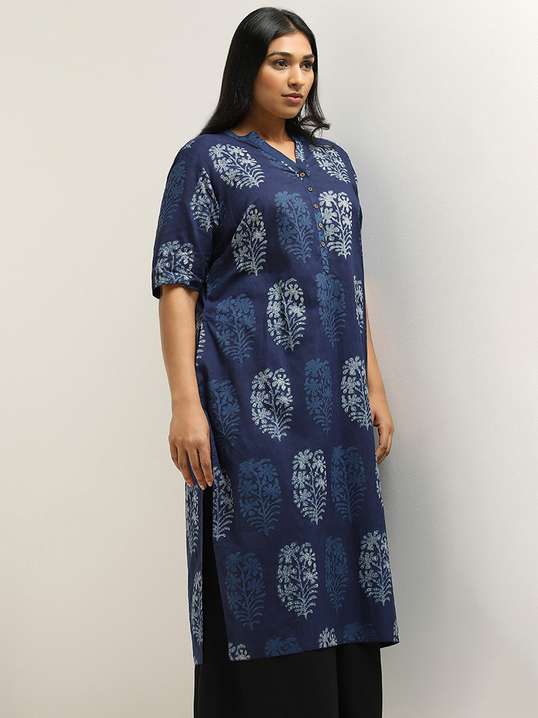 Diza Indigo Floral Printed Cotton Kurta