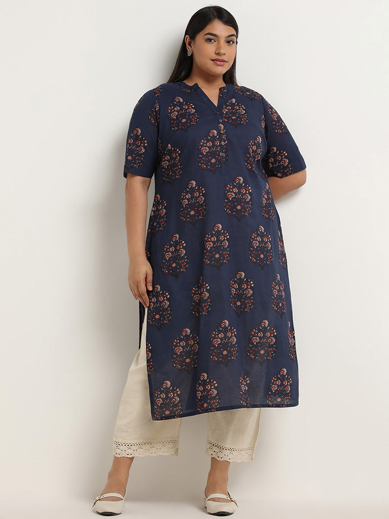 Diza Indigo Printed Cotton Kurta