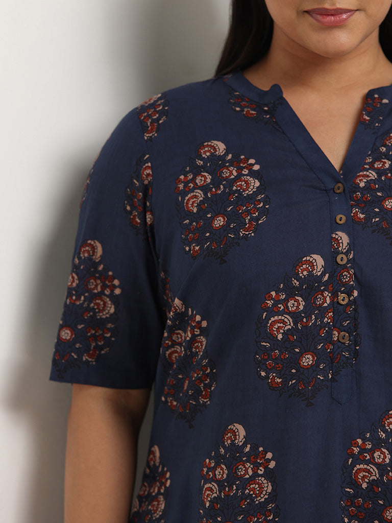 Diza Indigo Printed Cotton Kurta