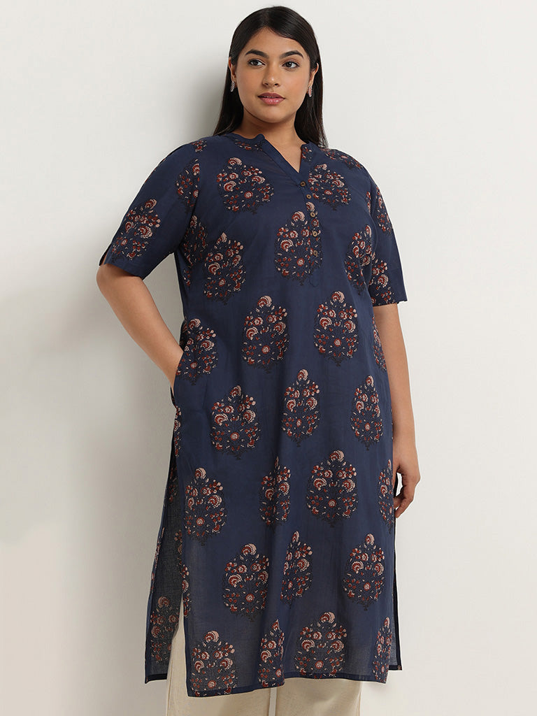 Diza Indigo Printed Cotton Kurta