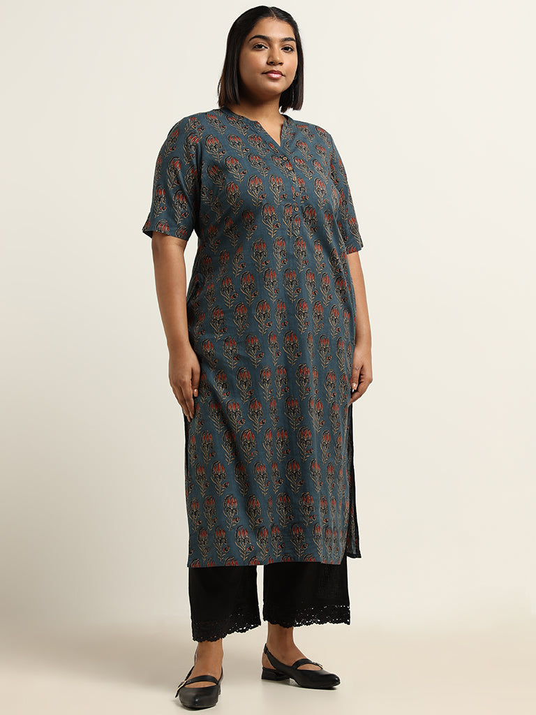 Diza Blue Printed Cotton Kurta