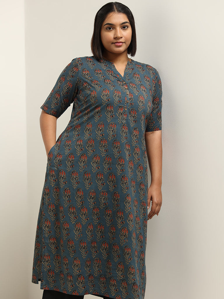 Diza Blue Printed Cotton Kurta