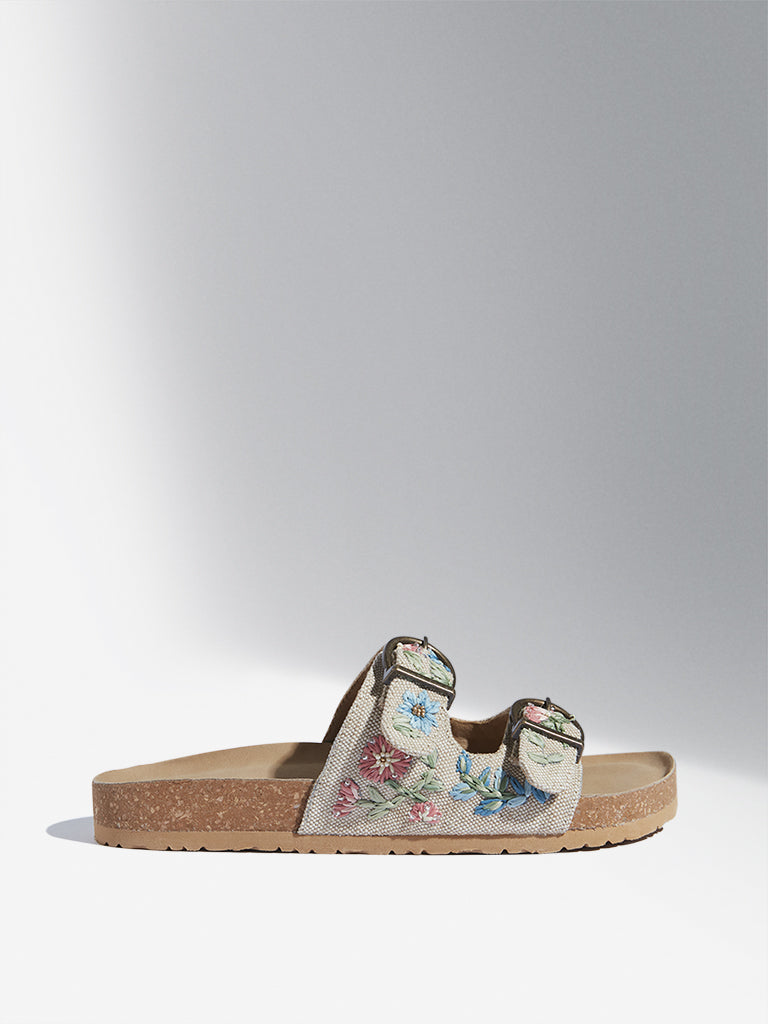 LUNA BLU Ivory Floral Embroidered Birken Slides