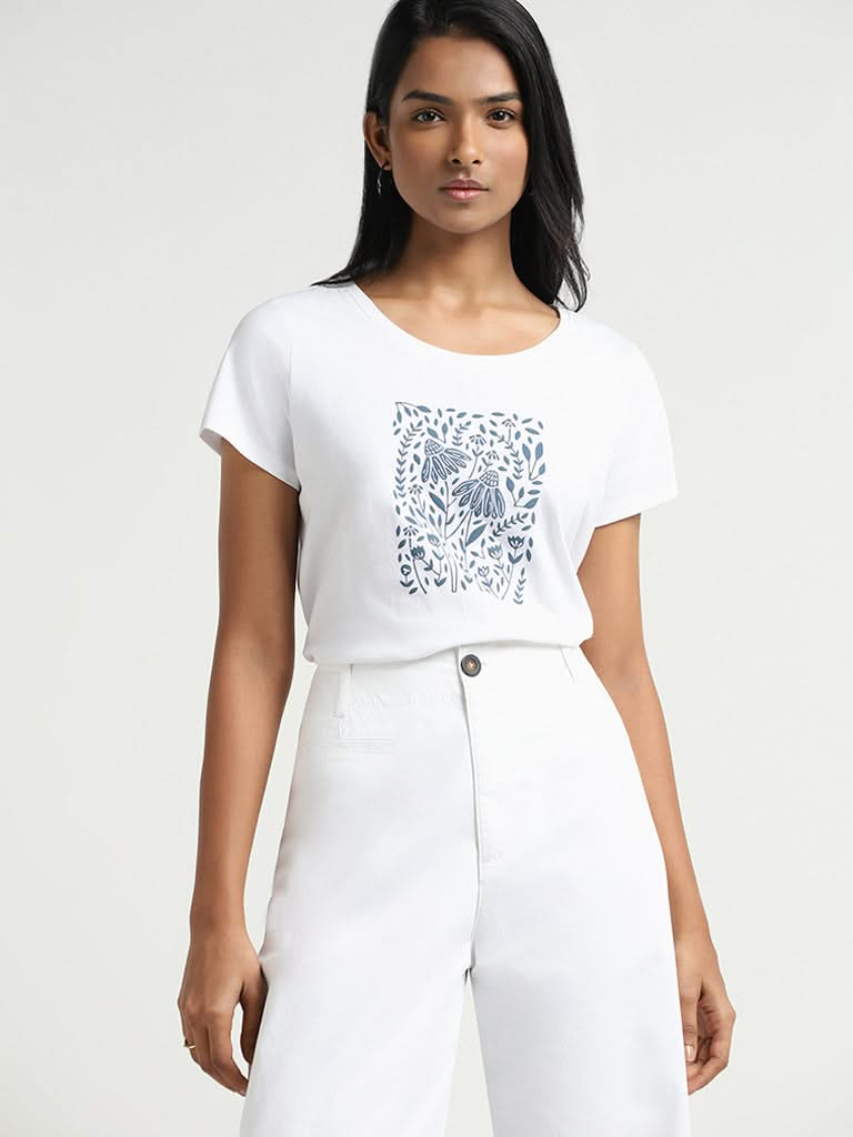 LOV White Printed Cotton T-Shirt