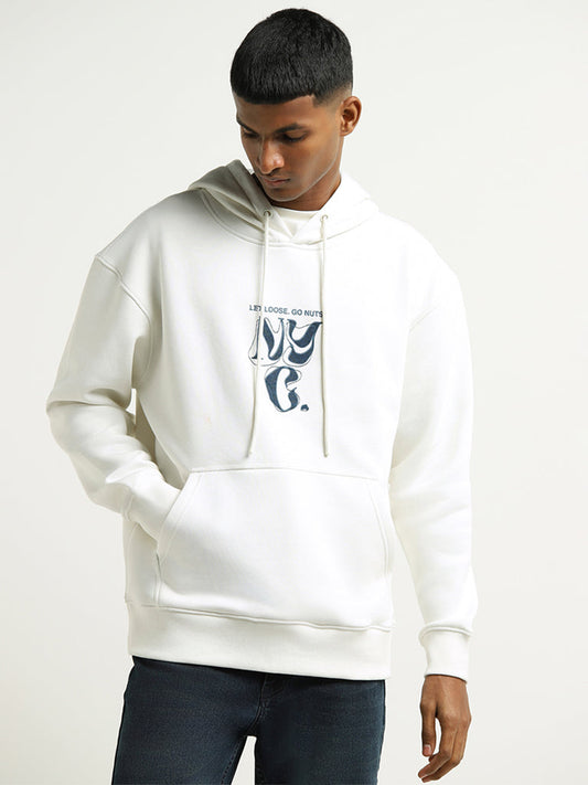 Nuon Off White Printed Cotton Blend Relaxed Fit Hoodie