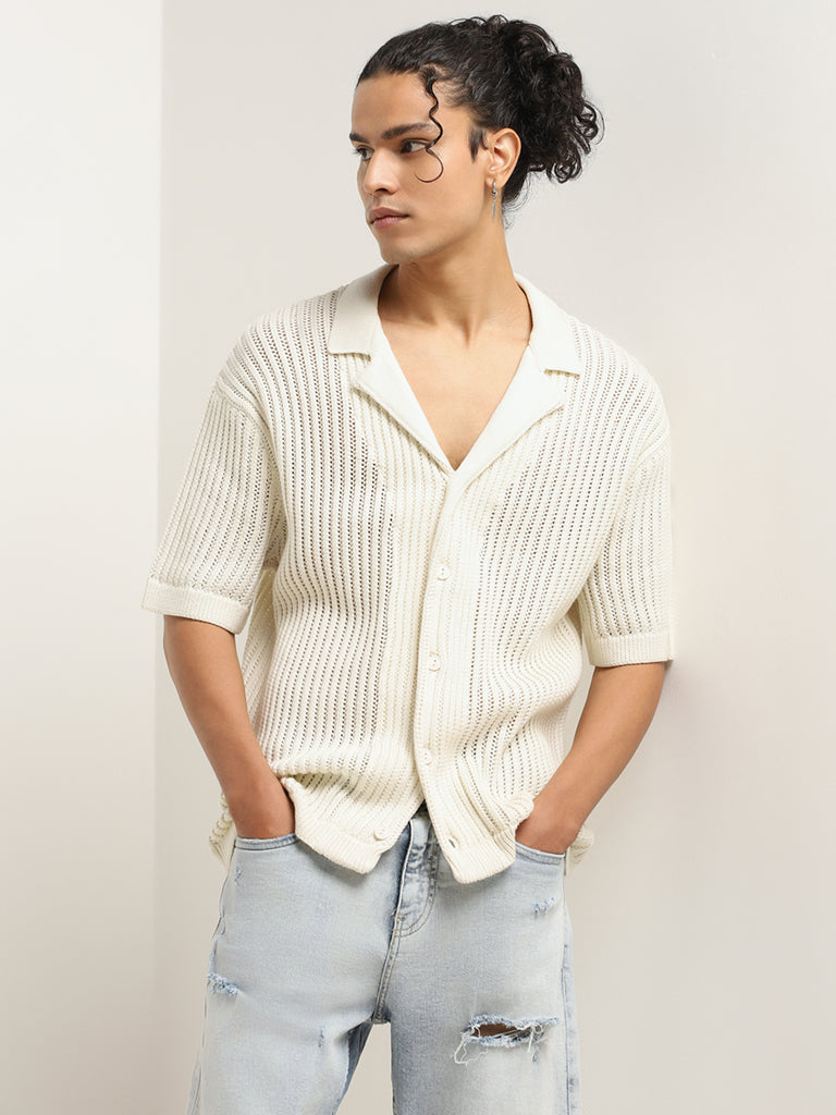 Nuon Off-White Knitted Slim Fit Shirt