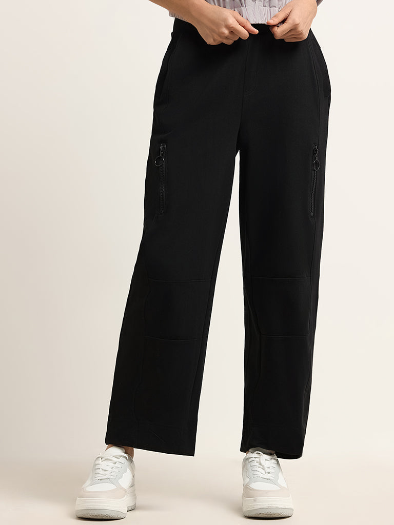 Studiofit Solid Black Wide Leg Track Pants