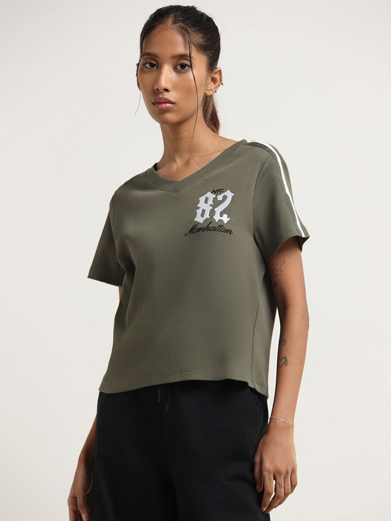 Studiofit Olive Contrast Print Cotton T-Shirt