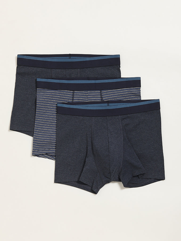 WES Lounge Navy Cotton Blend Assorted Trunks - Pack of 3