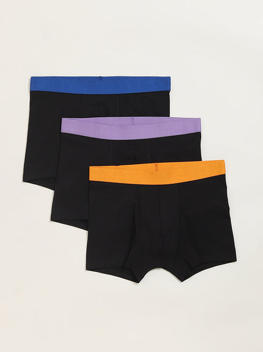 WES Lounge Black Cotton Blend Trunks - Pack of 3