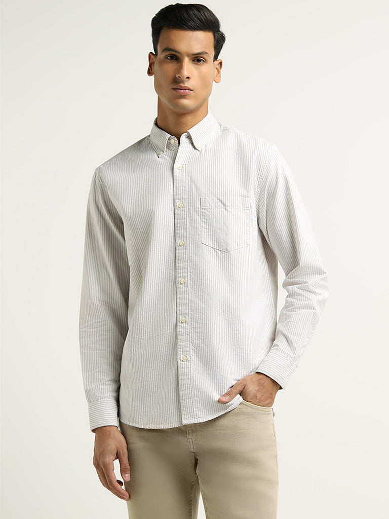 WES Casuals White Striped Cotton Relaxed Fit Shirt