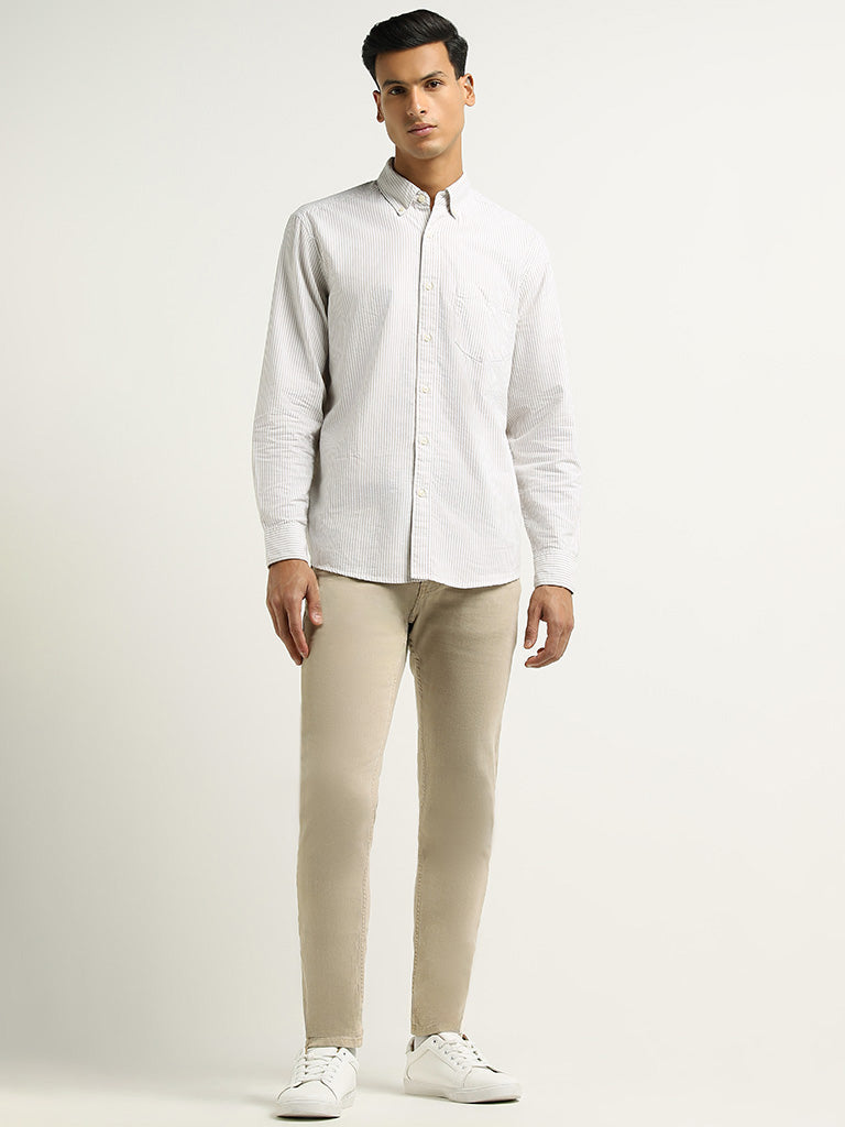 WES Casuals White Striped Cotton Relaxed Fit Shirt