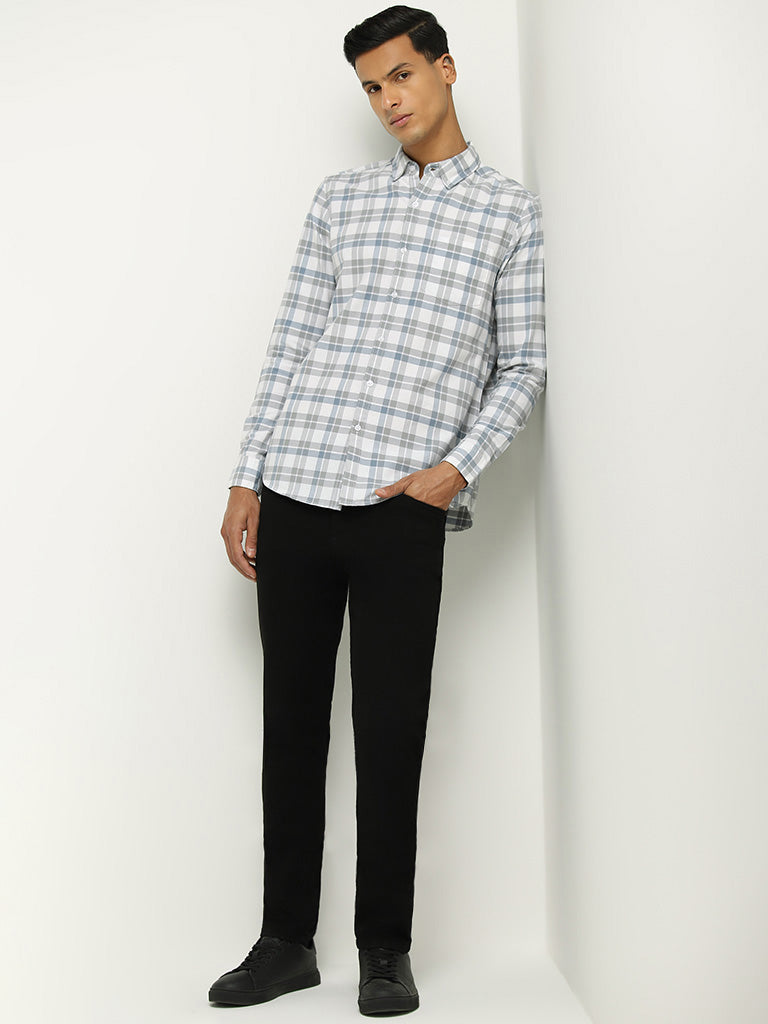 WES Casuals Grey Checked Cotton Slim Fit Shirt