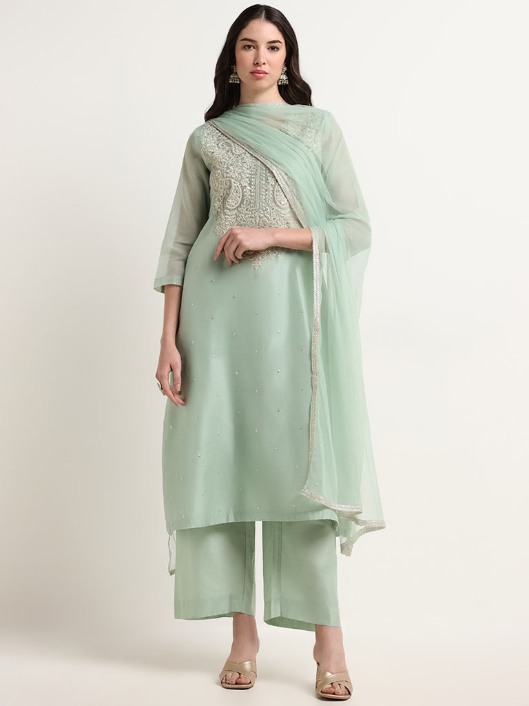 Vark Teal Embroidered Cotton Blend Kurta Set