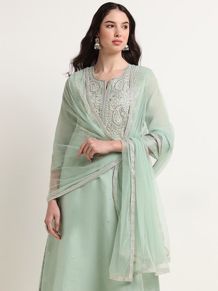 Vark Teal Embroidered Cotton Blend Kurta Set