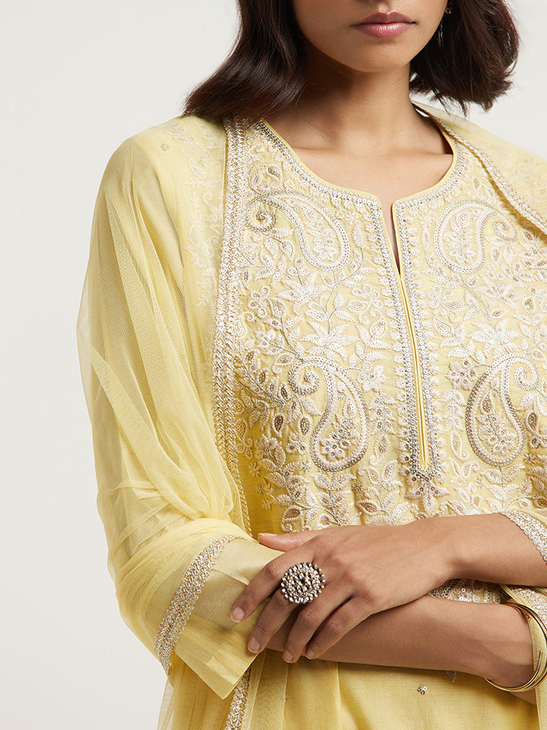 Vark Light Yellow Embroidered Kurta, Palazzos & Dupatta Set