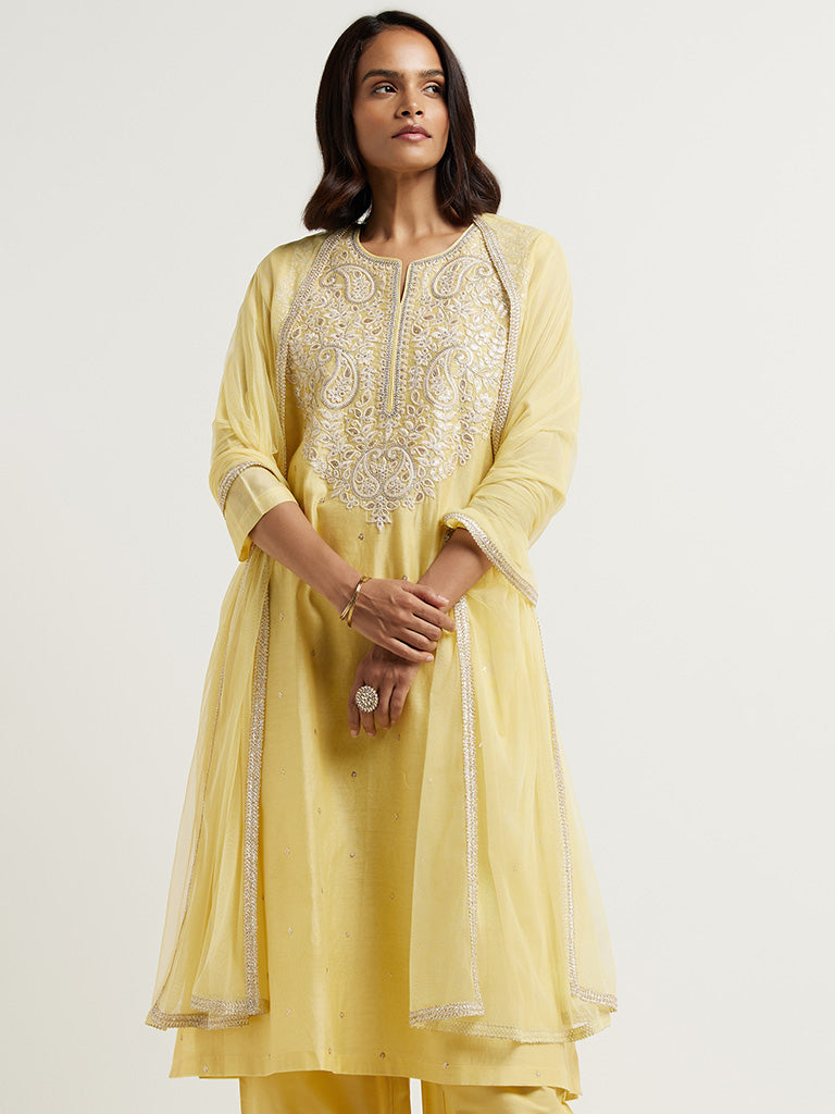 Vark Light Yellow Embroidered Kurta, Palazzos & Dupatta Set