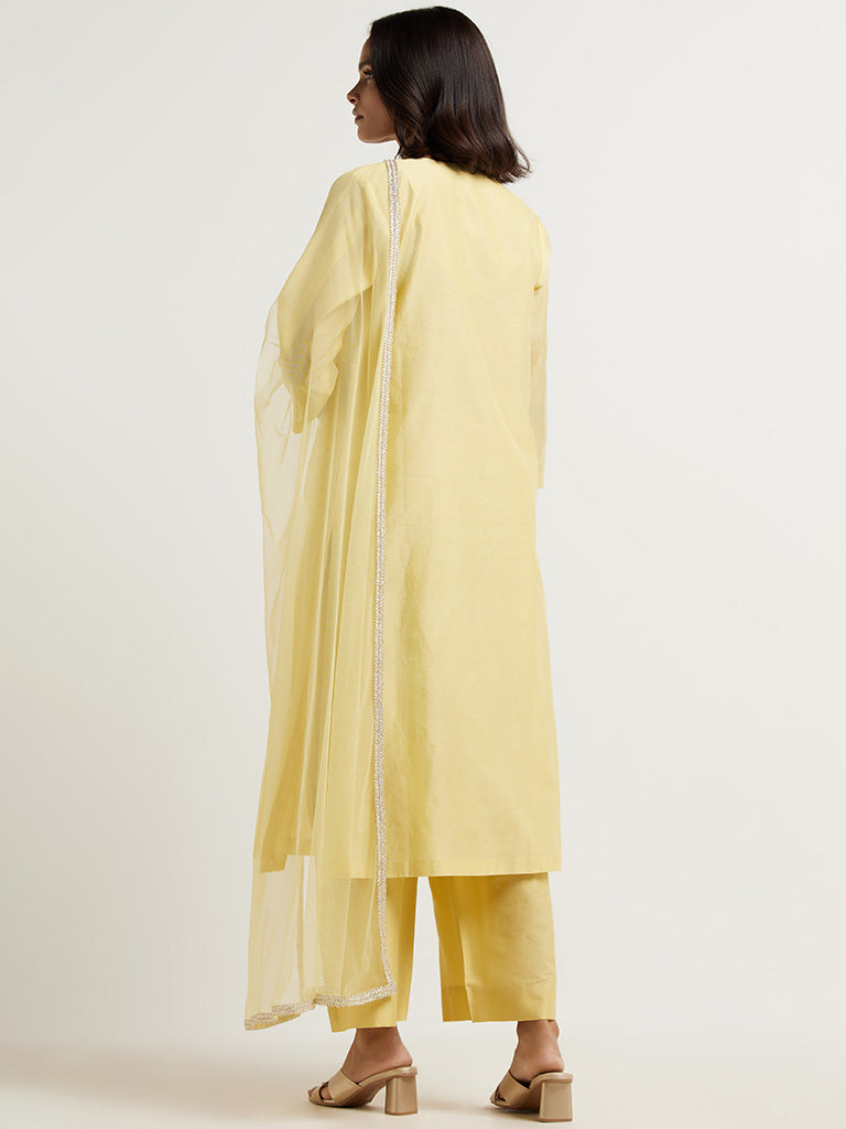 Vark Light Yellow Embroidered Kurta, Palazzos & Dupatta Set