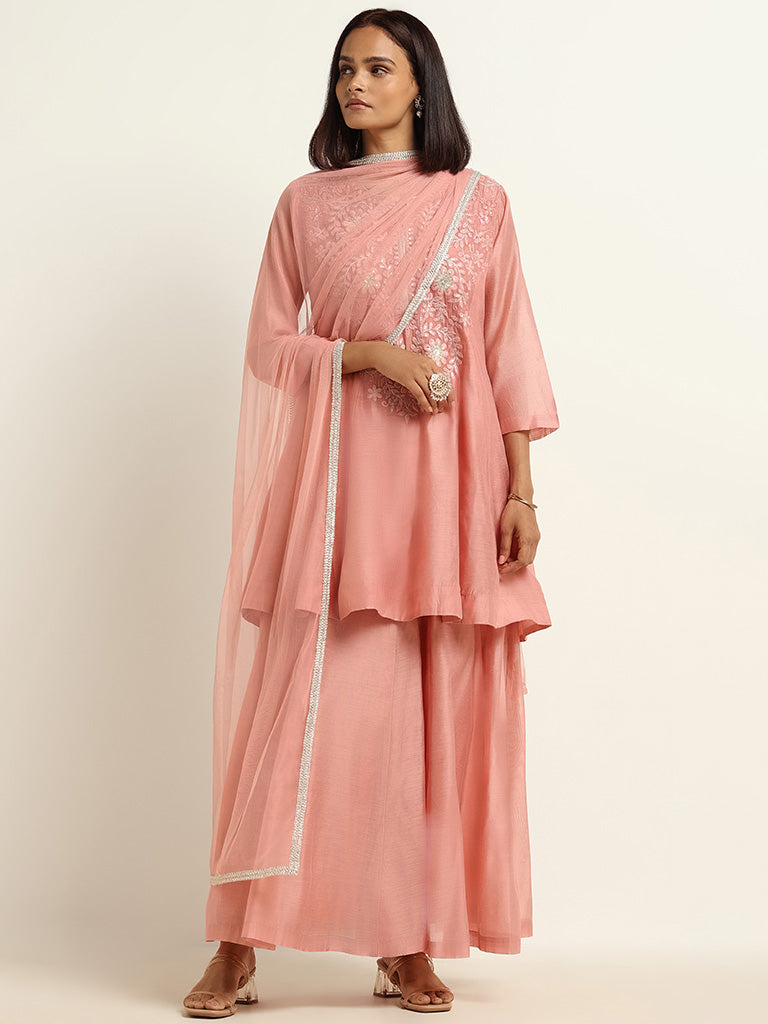 Vark Pink Kurta, Palazzos & Dupatta Set