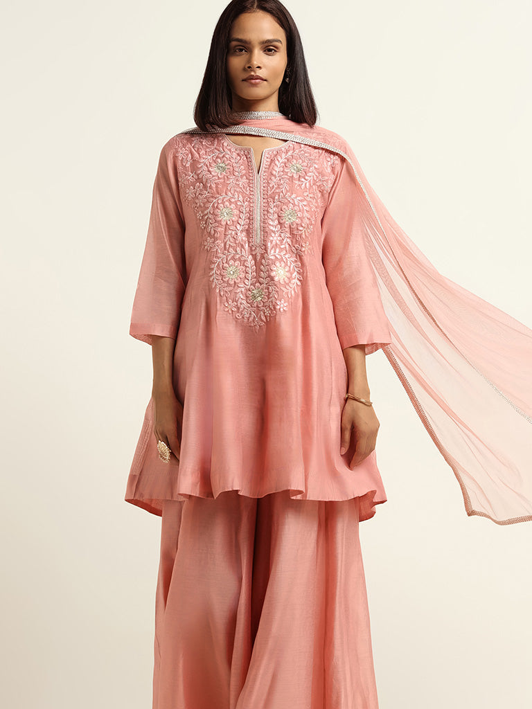 Vark Pink Kurta, Palazzos & Dupatta Set