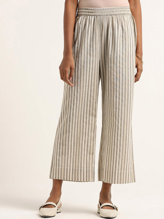 Utsa Grey Striped Cotton Pants