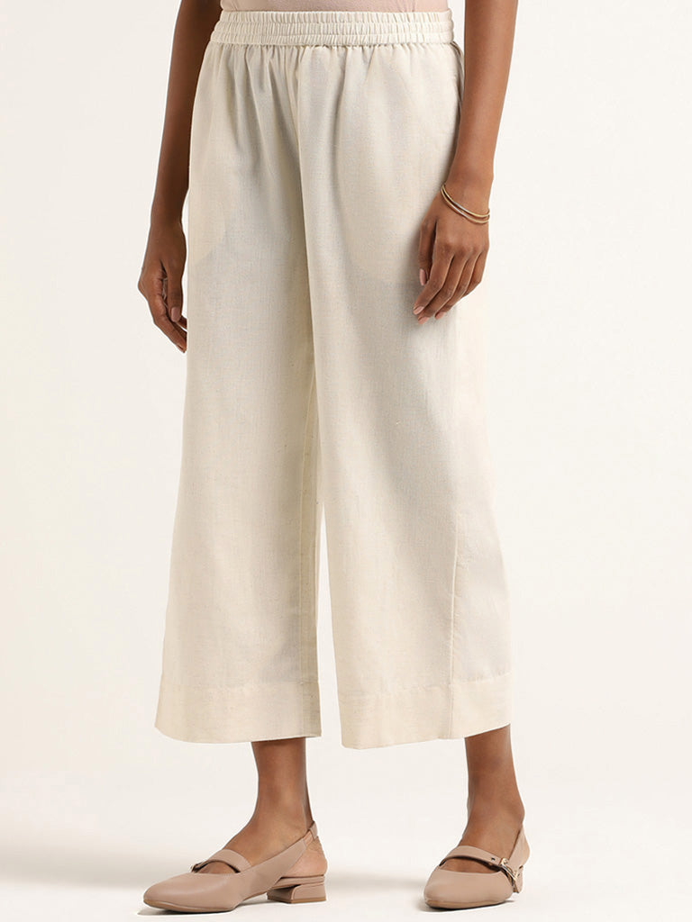 Utsa Off White Cotton Straight Leg Pants