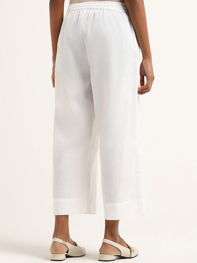 Utsa White Cotton Straight-Leg Pants