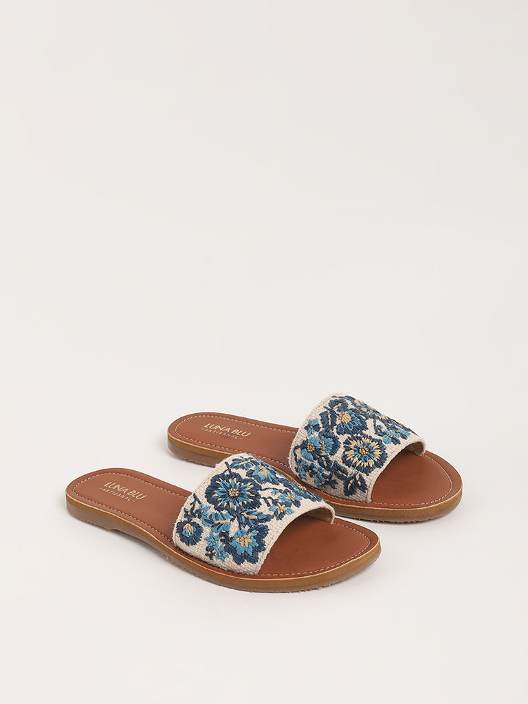 LUNA BLU Blue Embroidered Slides