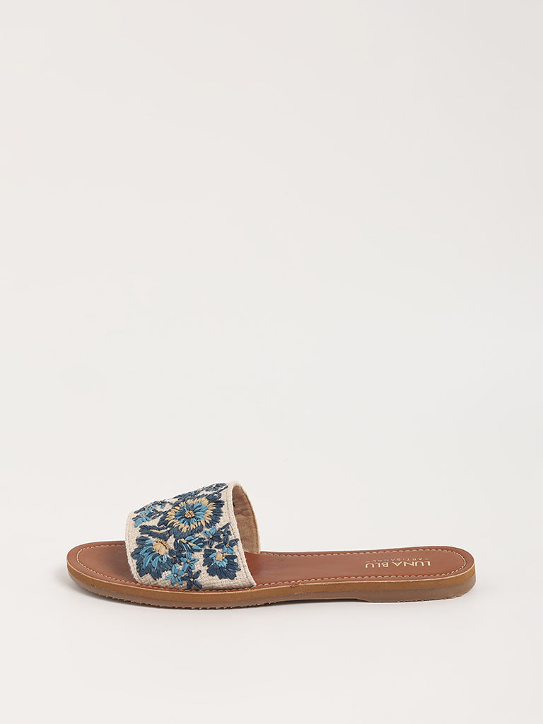 LUNA BLU Blue Embroidered Slides