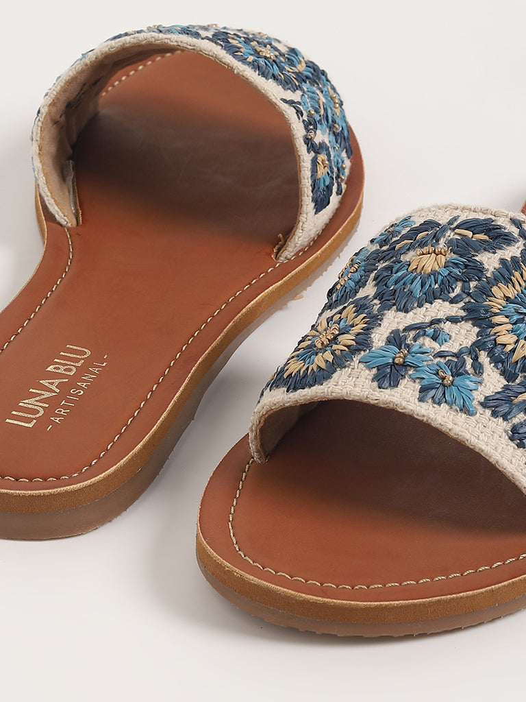 LUNA BLU Blue Embroidered Slides