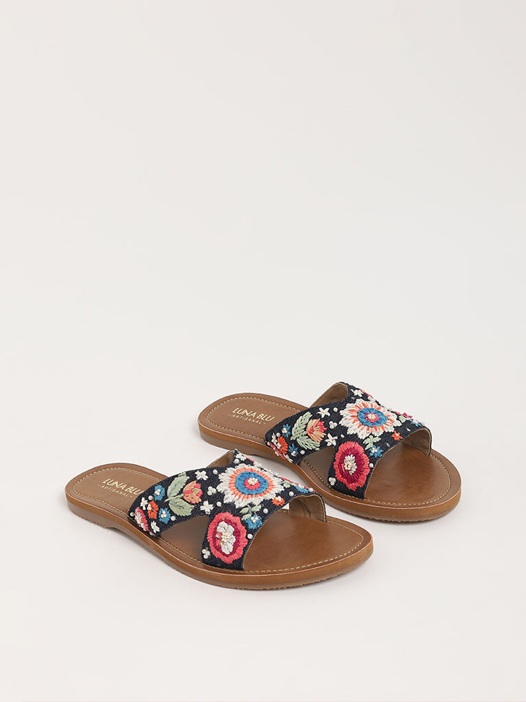 LUNA BLU Multicolored Embroidered Slides