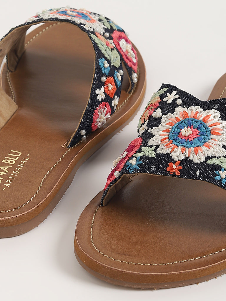 LUNA BLU Multicolored Embroidered Slides