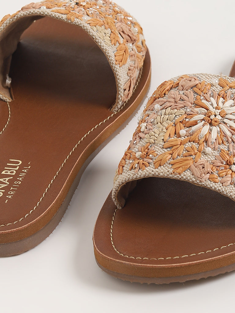 LUNA BLU Light Beige Embroidered Slides