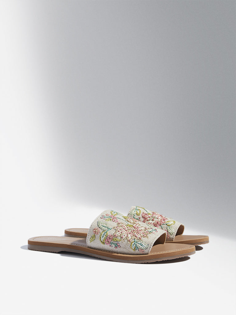 LUNA BLU Coral Floral Design Raffia Slides