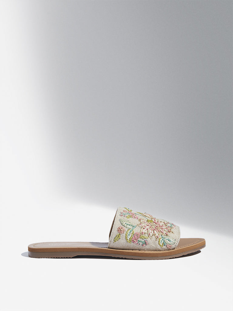 LUNA BLU Coral Floral Design Raffia Slides