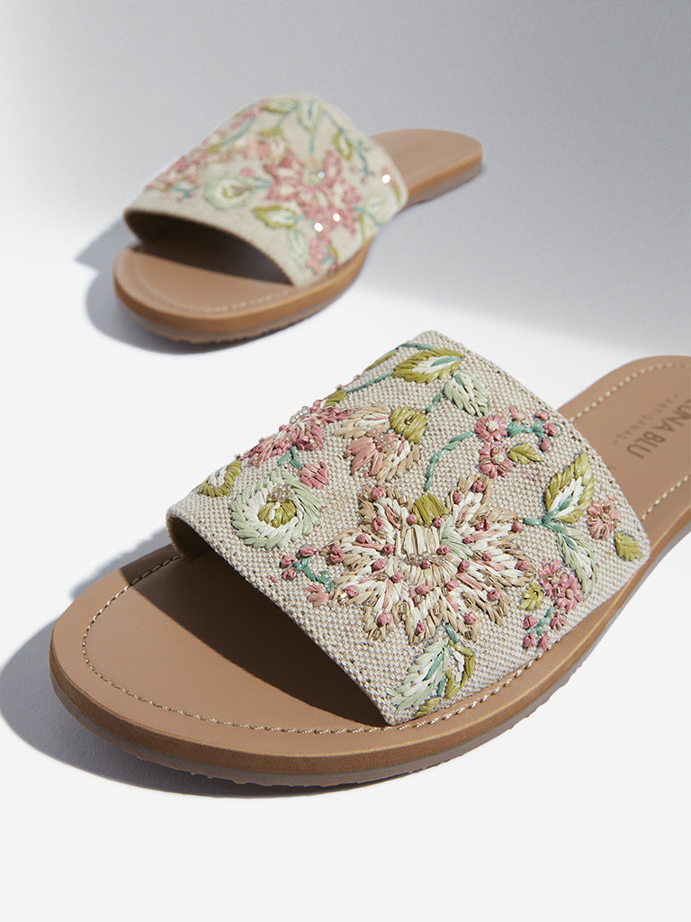 LUNA BLU Coral Floral Design Raffia Slides