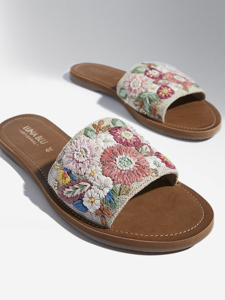 LUNA BLU Blush Pink Floral Design Raffia Slides