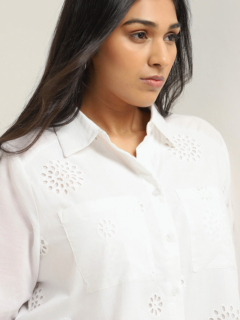 Gia White Floral Embroidered Cotton Shirt