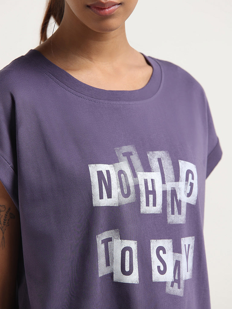 Studiofit Purple Contrast Print Cotton T-Shirt