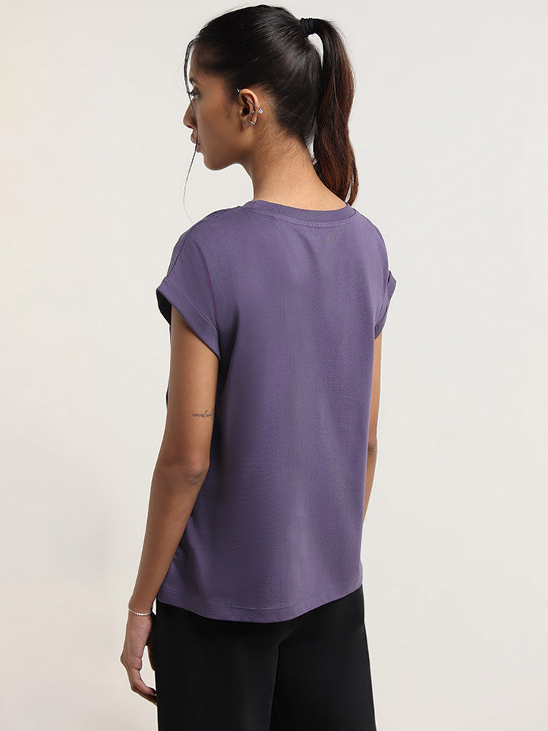 Studiofit Purple Contrast Print Cotton T-Shirt