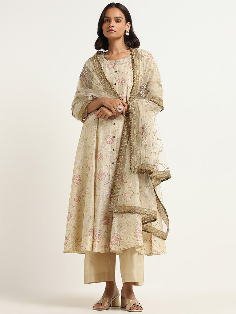 Vark Light Gold Printed Cotton Blend Kurta with Palazzos and Dupatta