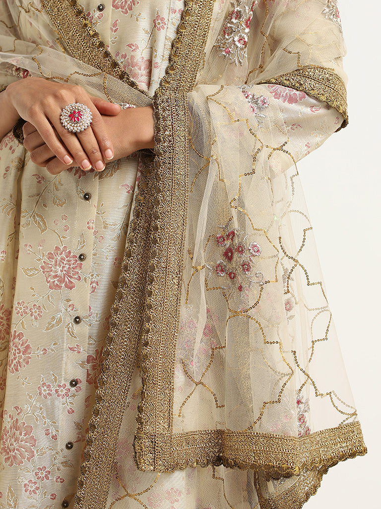 Vark Light Gold Printed Cotton Blend Kurta with Palazzos and Dupatta