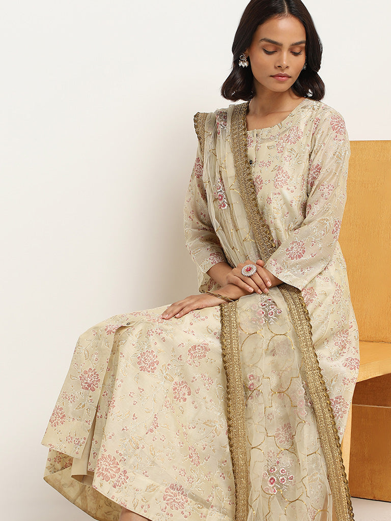 Vark Light Gold Printed Cotton Blend Kurta with Palazzos and Dupatta