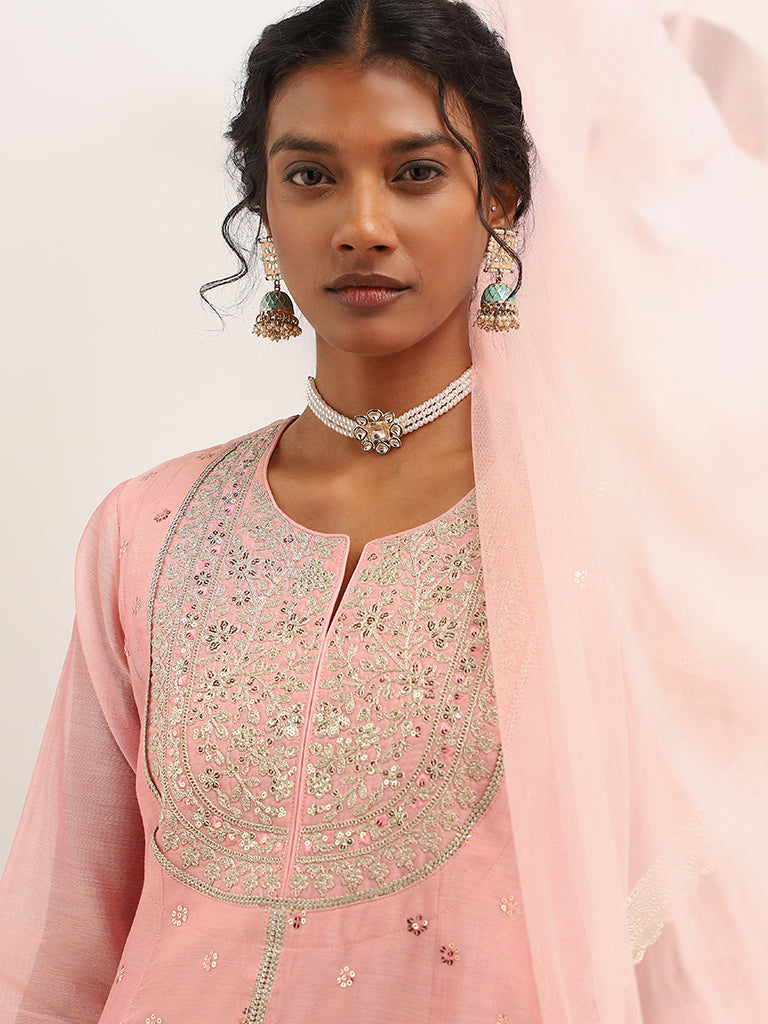 Vark Pink Embroidered Cotton Blend Kurta with Palazzos and Dupatta