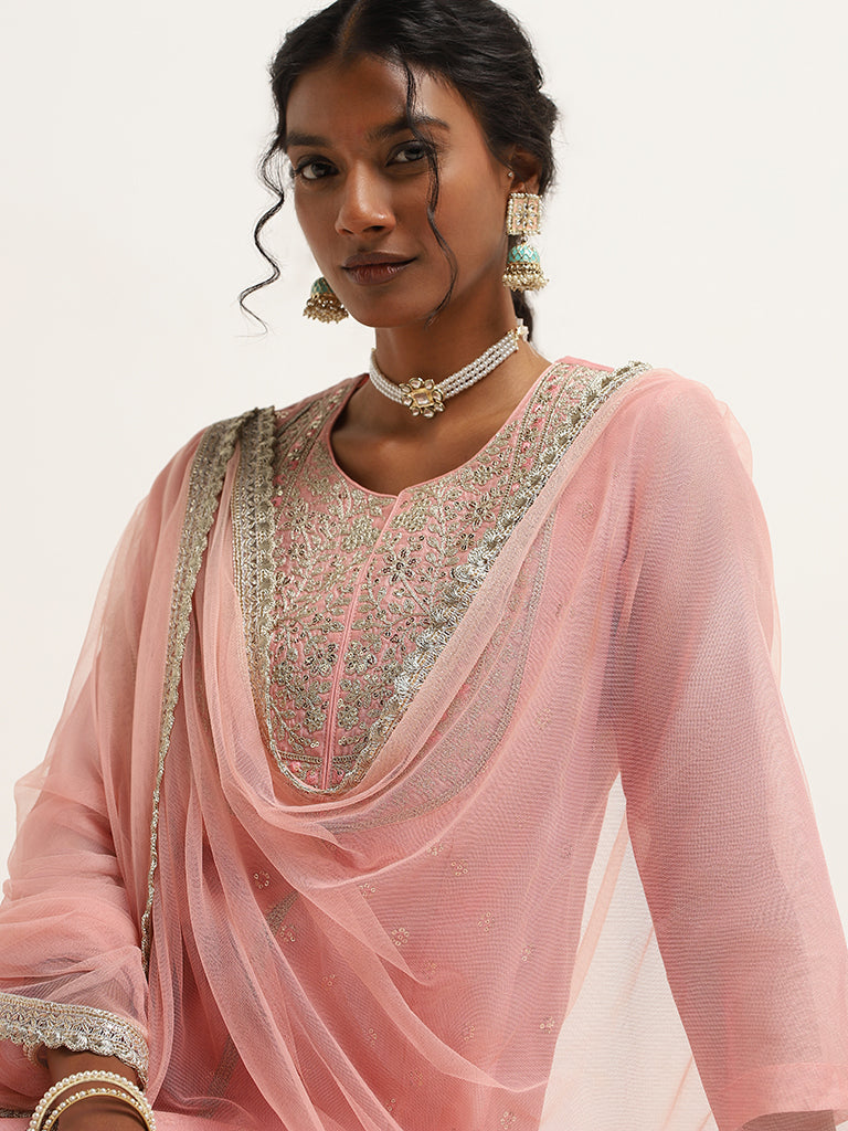 Vark Pink Embroidered Cotton Blend Kurta with Palazzos and Dupatta