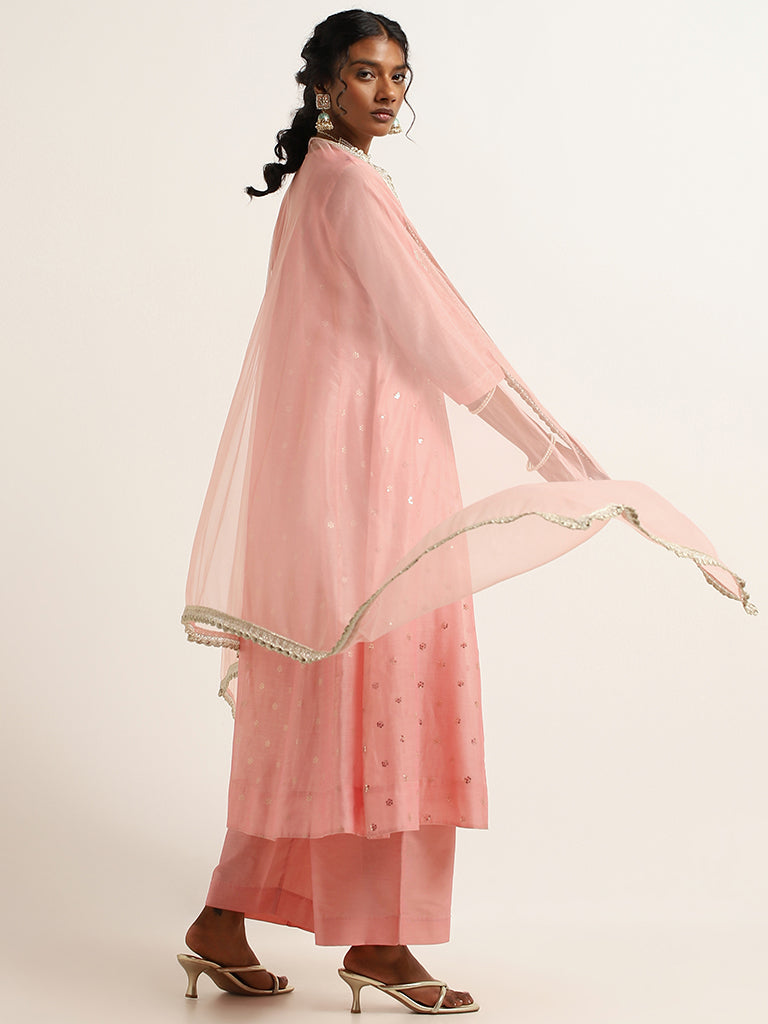 Vark Pink Embroidered Cotton Blend Kurta with Palazzos and Dupatta