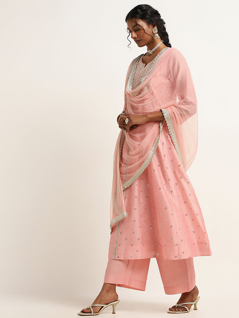 Vark Pink Embroidered Cotton Blend Kurta with Palazzos and Dupatta