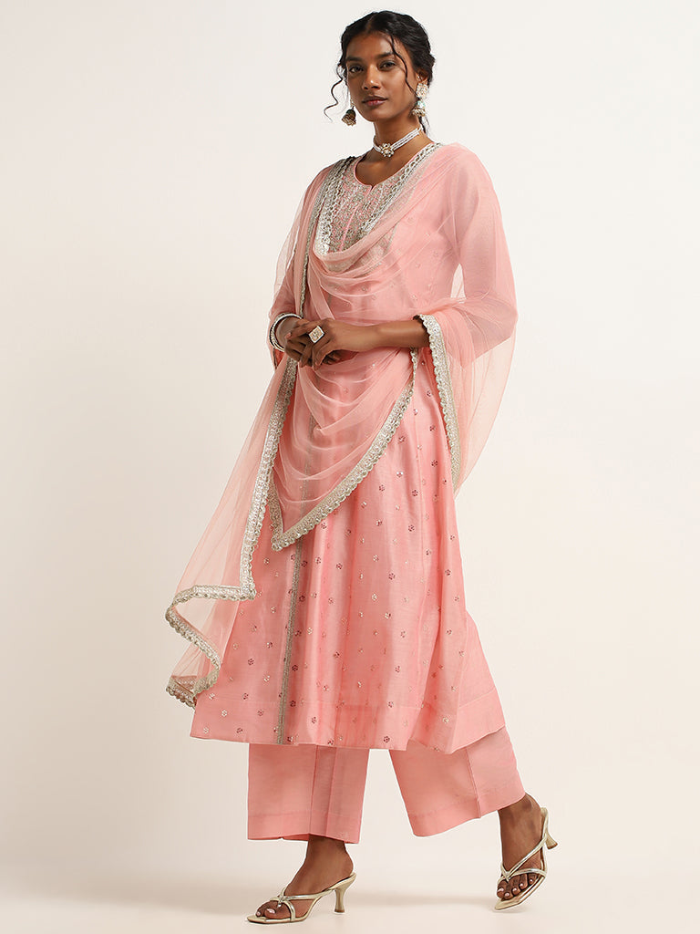 Vark Pink Embroidered Cotton Blend Kurta with Palazzos and Dupatta